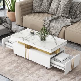 [VIDEO provided] ON-TREND Contemporary Coffee Table with Faux Marble Top, Rectangle Cocktail Table with Caster Wheels, Moderate Luxury Center Table wi