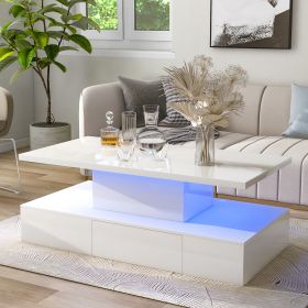 ON-TREND Modern Glossy Coffee Table With Drawer, 2-Tier Rectangle Center Table with LED lighting for Living room, 39.3''x19.6''x15.3'', White