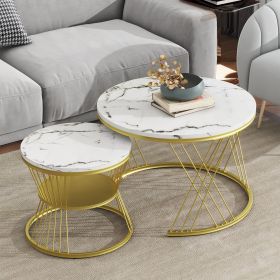 [VIDEO provided] ON-TREND Œ¶27.5'' & Œ¶17.7'' Nesting Coffee Table with Marble Grain Table Top, Golden Iron Frame Round Coffee Table, Set of 2, for Li