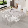 Table and chair set, modern minimalist white marble textured rectangular dining table. Suitable for restaurants and living rooms. Soft cushion seats.