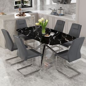 Table and chair set, large modern minimalist rectangular dining table, 0.39 "imitation marble tabletop and silver metal legs, soft leather seats. F-15