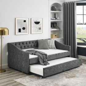 Twin Size Daybed with Twin Size Trundle Upholstered Tufted Sofa Bed, with Button on Back and Copper Nail on Waved Shape Arms, Grey (80.5"x41"x30.5")