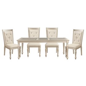 Traditional Design Formal Dining 5pc Set Table w Extension Leaf and 6 Side Chairs Crystal Button-Tufted Cushion Seat Silver Finish Furniture