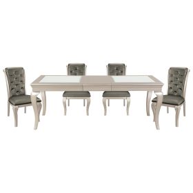 Modern Glam Silver Finish 5pc Dining Set Table with Extension Leaf and 4 Side Chairs Crystal Button-Tufted Traditional Style Dining Furniture