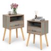 Set of 2 Mid Century Nightstand, Bedside Table with Solid Wood Legs, Open Storage Shelf, Drawer, Modern Side Table for Bedroom Living Room, Rustic Gre