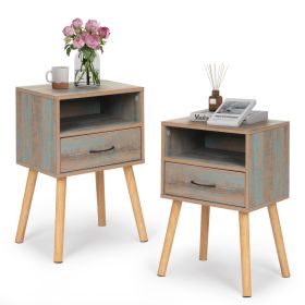 Set of 2 Mid Century Nightstand, Bedside Table with Solid Wood Legs, Open Storage Shelf, Drawer, Modern Side Table for Bedroom Living Room, Rustic Gre