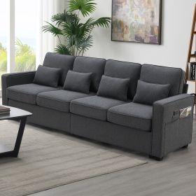 [VIDEO provided] [New] 104" 4-Seater Modern Linen Fabric Sofa with Armrest Pockets and 4 Pillows,Minimalist Style Couch for Living Room, Apartment, Of