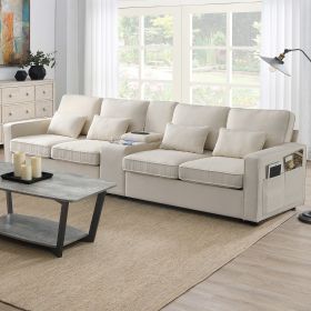 [VIDEO provided] [New] 114.2" Upholstered Sofa with Console, 2 Cupholders and 2 USB Ports Wired or Wirelessly Charged, Modern Linen Fabric Couches wit