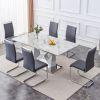 1 table and 6 chairs set.Modern Grey MDF Faux Marble Dining Table with Double V-Shaped Supports.Paired with 6 modern PU artificial leather soft cushio