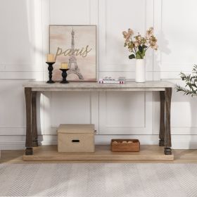 60 inch Long Rectangle Mid-Century Console Table for Entryway, Wood sofa Table with 2-Tier Storage Shelf, Grey Tabletop