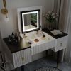 43.3" Modern Vanity Table Set with Flip-top Mirror and LED Light, Dressing Table with Customizable Storage, White and Black