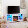 TV Stand Electric Fireplace TV Stand with Glass Shelves, 3D Fireplace TV Stand with LED Lights Wood with USB Charging Outlet Modern Television Table C