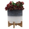 CERAMIC 10" PLANTER ON WOODEN STAND, GRAY