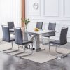 1 table and 6 chairs set.Modern Grey MDF Faux Marble Dining Table with Double V-Shaped Supports.Paired with 6 modern PU artificial leather soft cushio