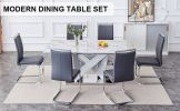 1 table and 6 chairs set.Modern Grey MDF Faux Marble Dining Table with Double V-Shaped Supports.Paired with 6 modern PU artificial leather soft cushio