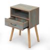 Set of 2 Mid Century Nightstand, Bedside Table with Solid Wood Legs, Open Storage Shelf, Drawer, Modern Side Table for Bedroom Living Room, Rustic Gre