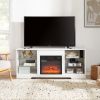 TV Stand Electric Fireplace TV Stand with Glass Shelves, 3D Fireplace TV Stand with LED Lights Wood with USB Charging Outlet Modern Television Table C