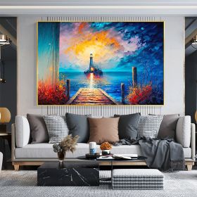 Hand Painted Oil Painting Abstract Coastal Landscape Oil Painting On Canvas Large Wall Art Original Lighthouse Painting Sunset Painting Custom Paintin (style: 1, size: 60X90cm)