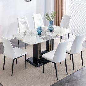 7-Piece Faux Marble Dining Table Set, Glass Rectangular Kitchen Table for 6-8, Modern Black Faux Marble Dining Room Table with MDF Base, Dining Table (Color: White, Material: MDF+glass)