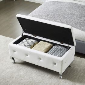 Upholstered Storage Ottoman Bench For Bedroom End Of Bed Faux Leather Rectangular Storage Benches Footrest With Crystal Buttons For Living Room Entryw (Color: as Pic)