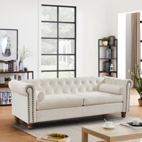 Classic Traditional Living Room Upholstered Sofa with high-tech Fabric Surface/ Chesterfield Tufted Fabric Sofa Couch (Color: White, Material: High Tech Fabric)