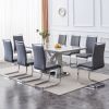 1 table and 8 chairs set.Modern Grey MDF Faux Marble Dining Table with Double V-Shaped Supports.Paired with 8 modern PU artificial leather soft cushio