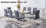 1 table and 8 chairs set.Modern Grey MDF Faux Marble Dining Table with Double V-Shaped Supports.Paired with 8 modern PU artificial leather soft cushio